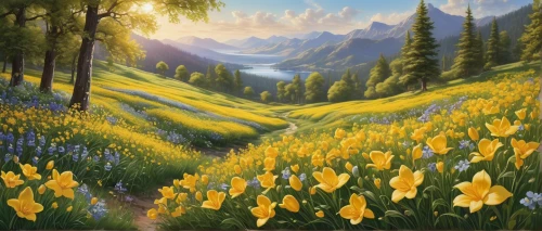 daffodil field,flower painting,yellow daffodils,daffodils,yellow tulips,mountain meadow,landscape background,the valley of flowers,alpine meadow,springtime background,salt meadow landscape,spring background,meadow landscape,alpine meadows,yellow daylilies,spring meadow,flower meadow,flower background,flowers png,splendor of flowers,Conceptual Art,Daily,Daily 13