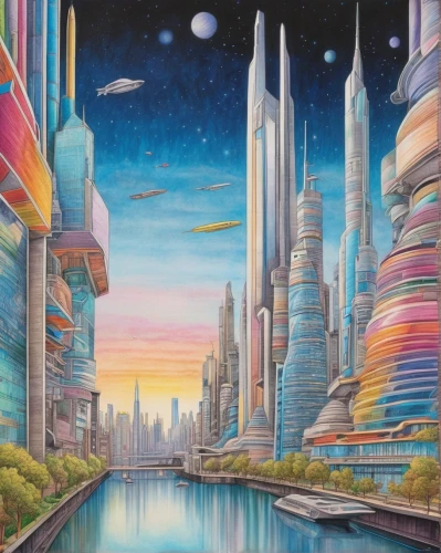 futuristic landscape,cityscape,fantasy city,city scape,metropolis,city cities,sky city,city skyline,planet eart,colorful city,fantasy art,skyscrapers,alien planet,cities,oil painting on canvas,alien world,fantasy landscape,fantasy world,art painting,psychedelic art,Conceptual Art,Daily,Daily 17