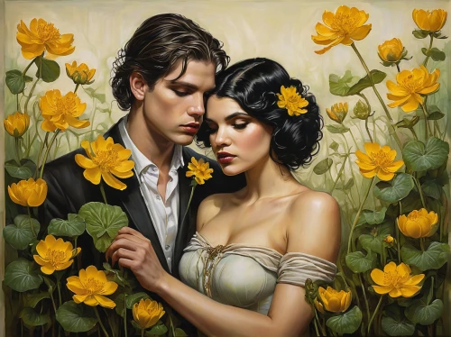 yellow roses,young couple,yellow rose,romantic portrait,golden flowers,yellow rose background,gold yellow rose,yellow petals,yellow flowers,sunflowers in vase,yellow orange rose,yellow garden,vintage boy and girl,oil painting on canvas,scent of roses,with roses,yellow petal,passion bloom,yellow bells,twin flowers,Illustration,Realistic Fantasy,Realistic Fantasy 10