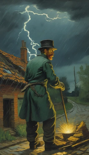 game illustration,man with umbrella,thunderstorm mood,david bates,lamplighter,thunderstorm,vincent van gogh,after the storm,chimney sweeper,storm,pilgrim,flood light bulbs,san storm,chimney sweep,tradesman,repairman,sci fiction illustration,autumn chores,patrol,digital compositing,Art,Artistic Painting,Artistic Painting 03