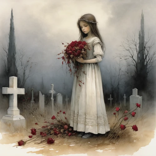 dead bride,lover's grief,of mourning,cemetery flowers,fallen petals,wilted,widow flower,burial ground,mourning,fallen flower,magnolia cemetery,cherokee rose,sorrow,everlasting flowers,cemetary,holding flowers,grief,cemetery,half-mourning,mortality,Illustration,Realistic Fantasy,Realistic Fantasy 16