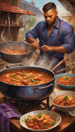 paella,dwarf cookin,menudo,cooking book cover,gumbo,bahian cuisine,food and cooking,jambalaya,punjabi cuisine,stew,feast noodles,frijoles charros,southern cooking,men chef,vindaloo,chef,bolognese,dal,red cooking,indian cuisine,Conceptual Art,Fantasy,Fantasy 18