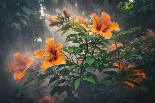 spark of shower,hibiscus rosa-sinensis,swamp hibiscus,rain shower,rain lily,orange lily,orange flowers,water mist,daylilies,hawaiian hibiscus,orange flower,hibiscus rosa sinensis,orange trumpet,trumpet flowers,orange daylily,trumpet flower,hibiscus rosasinensis,orange petals,hibiscus,water flower,Photography,Artistic Photography,Artistic Photography 04