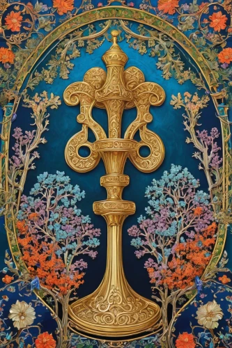 floral ornament,vajrasattva,khamsa,patterned wood decoration,ornament,decorative plate,ottoman,khokhloma painting,tapestry,enamel cup,bell plate,oriental painting,fleur-de-lis,fleur de lis,vase,decorative fan,motifs of blue stars,golden candlestick,rococo,art nouveau design,Illustration,Realistic Fantasy,Realistic Fantasy 43