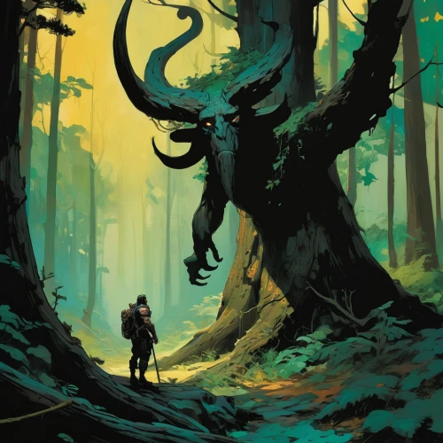 mammoth,game illustration,forest dragon,heroic fantasy,druid grove,devilwood,monkey island,forest animal,scythe,elephant's child,forest man,old-growth forest,encounter,the forest,concept art,druid,game art,the stag beetle,forest animals,forest beetle,Conceptual Art,Oil color,Oil Color 04