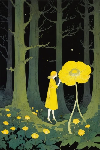 fireflies,yellow mushroom,yellow leaf,chanterelle,yellow garden,fairy forest,ballerina in the woods,yellow petals,fairy lanterns,yellow petal,little yellow,yellow light,firefly,ginko,yellow sun hat,daffodil field,buttercups,book illustration,parasols,fairies,Illustration,Retro,Retro 07