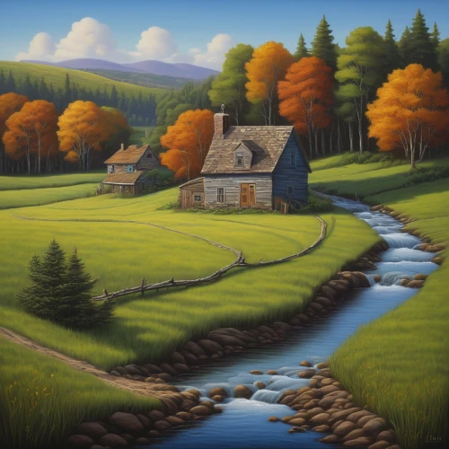 rural landscape,home landscape,salt meadow landscape,farm landscape,fall landscape,autumn landscape,landscape background,meadow landscape,church painting,autumn idyll,country cottage,cottage,water mill,summer cottage,red barn,mountain scene,green landscape,house in mountains,nature landscape,mountain landscape,Illustration,Realistic Fantasy,Realistic Fantasy 18