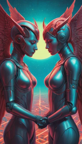 angel and devil,anaglyph,parallel worlds,sci fiction illustration,angels of the apocalypse,meridians,bird couple,foxes,into each other,angels,celestial bodies,heaven and hell,parallel world,face to face,gemini,red and blue,mirror of souls,forbidden love,parrot couple,scifi,Conceptual Art,Daily,Daily 25