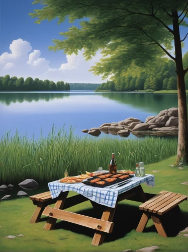 picnic table,picnic boat,picnic,picnic basket,barbecue area,outdoor dining,outdoor table,landscape background,background vector,fishing camping,lakeside,idyll,campground,idyllic,wooden table,photo painting,boathouse,summer cottage,art painting,placemat,Art,Classical Oil Painting,Classical Oil Painting 03