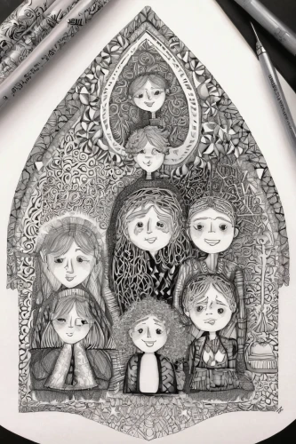 nativity,kids illustration,mulberry family,children drawing,arrowroot family,little people,henna frame,marzipan figures,nativity scene,purslane family,ginger family,placemat,book illustration,puppet theatre,little angels,matryoshka doll,nesting dolls,birch family,daisy family,hand-drawn illustration,Illustration,Black and White,Black and White 11