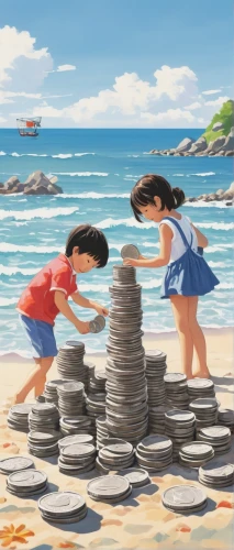 coins stacks,coins,israeli shekels,rock stacking,children playing,the beach fixing,child labour,treasure hunt,stacking stones,building sand castles,financial education,jigsaw puzzle,game illustration,a collection of short stories for children,children's background,beach furniture,playmobil,seychellois rupee,beachcombing,washers,Illustration,Japanese style,Japanese Style 17