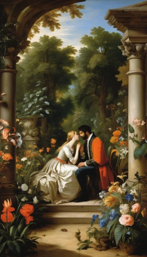 narcissus of the poets,bougereau,idyll,narcissus,secret garden of venus,apollo and the muses,romantic scene,young couple,the sleeping rose,work in the garden,amorous,rosarium,girl in the garden,robert duncanson,rococo,courtship,flower garden,girl picking flowers,wreath of flowers,floral greeting,Art,Classical Oil Painting,Classical Oil Painting 37