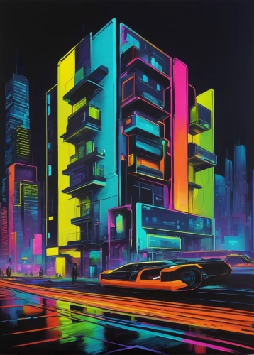 colorful city,cityscape,80s,cyberpunk,neon lights,metropolis,neon,1980s,futuristic landscape,neon arrows,neon light,80's design,city blocks,high-rises,neon human resources,high rises,black city,city at night,cmyk,1980's,Illustration,Paper based,Paper Based 15