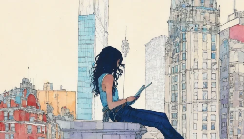 city ​​portrait,flatiron,book illustration,rooftops,the girl studies press,girl studying,watercolor paris balcony,city scape,flatiron building,the girl at the station,travel woman,sci fiction illustration,city life,cityscape,girl sitting,girl in a long,new york,coloring,tall buildings,book cover,Illustration,Paper based,Paper Based 19