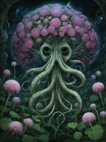 cnidaria,cuthulu,pink octopus,coral guardian,flourishing tree,symbiotic,forest anemone,tentacles,nuphar,polyp,octopus,kraken,medusa,medusa gorgon,cnidarian,tree mushroom,flower tree,strange tree,magic tree,mushroom island,Illustration,Realistic Fantasy,Realistic Fantasy 47