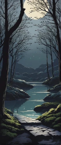 evening lake,moonlit night,moonlit,loch,moonlight,moonscape,river landscape,lunar landscape,landscape background,early evening,small landscape,evening atmosphere,swampy landscape,an island far away landscape,moonrise,digital painting,calming,world digital painting,cove,night scene,Illustration,Japanese style,Japanese Style 17