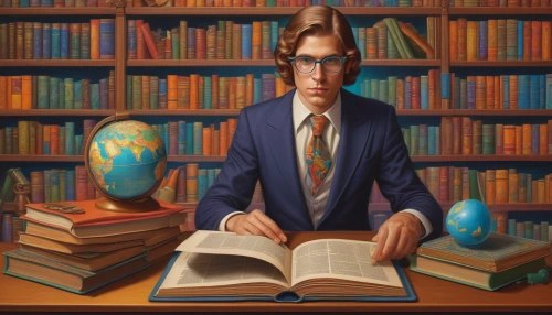 librarian,sci fiction illustration,academic,scholar,bookworm,books,reading glasses,the books,the local administration of mastery,knowledgeable,book store,library,professor,tutor,library book,knowledge,self-knowledge,open book,distance-learning,read a book,Illustration,Retro,Retro 16