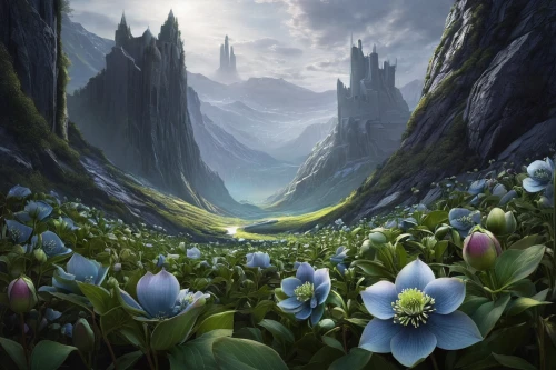 the valley of flowers,fantasy landscape,lilies of the valley,alpine meadow,lilly of the valley,tulip field,mountain meadow,tulip fields,salt meadow landscape,tulips field,alpine flowers,fantasy picture,the valley of the,flower field,alpine forget-me-not,mountainous landscape,alpine meadows,wild tulips,field of flowers,fallen giants valley,Illustration,Paper based,Paper Based 02