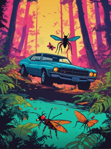 bugs,game illustration,game art,retro background,cartoon forest,spiders,digital illustration,wallpaper,impala,arachnophobia,haunted forest,beetle fog,travelers,beetles,fireflies,mosquito,firefly,abduction,acid lake,the forest,Illustration,Vector,Vector 19