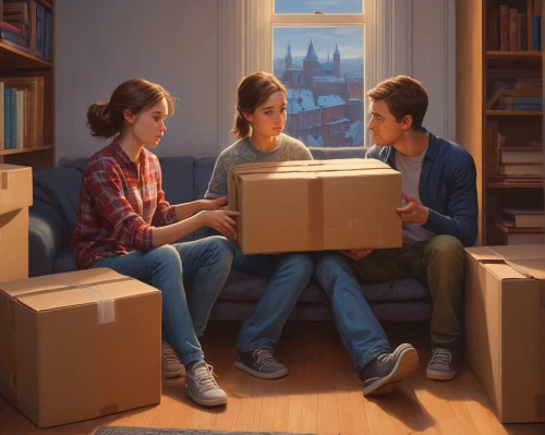 game illustration,sci fiction illustration,shared apartment,kids illustration,cg artwork,children studying,shipping,world digital painting,opening presents,playing room,shipping box,movers,book illustration,boxes,book gift,digital painting,study,moving boxes,parcel delivery,one-room,Illustration,Realistic Fantasy,Realistic Fantasy 27