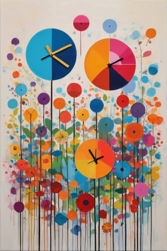 klaus rinke's time field,flying dandelions,shirakami-sanchi,flying seeds,parasols,kites,kinetic art,flying birds,flower painting,flock of birds,bird migration,dart board,dartboard,color fan,pinwheel,umbrellas,clocks,wall clock,overhead umbrella,art with points,Illustration,Vector,Vector 07