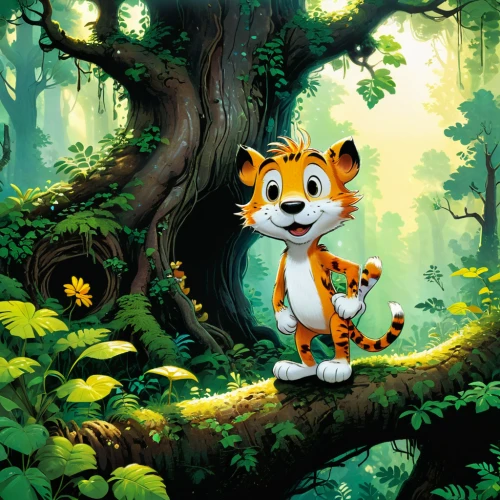 cartoon forest,forest animal,chestnut tiger,forest animals,woodland animals,forest background,children's background,felidae,tigger,cartoon video game background,forest king lion,cute cartoon character,anthropomorphized animals,cute cartoon image,a tiger,wild cat,young tiger,king of the jungle,tiger cub,conker,Illustration,Children,Children 02
