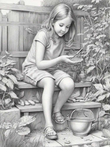 pencil drawings,pencil drawing,little girl reading,graphite,girl with cereal bowl,girl in the garden,girl drawing,girl picking flowers,charcoal pencil,pencil art,charcoal drawing,chalk drawing,wishing well,coloring picture,pencil and paper,girl sitting,girl praying,watering can,children drawing,girl picking apples,Illustration,Black and White,Black and White 30