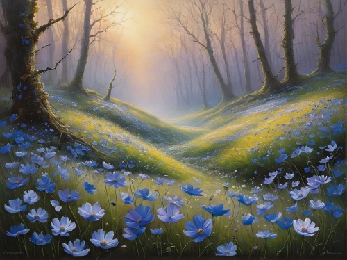 fairy forest,bluebell,bluebells,blue daisies,blue butterflies,spring morning,meadows of dew,spring meadow,blue birds and blossom,tommie crocus,meadow in pastel,blue petals,forest of dreams,forest glade,beautiful bluebells,fairy world,flower meadow,daffodil field,meadow landscape,enchanted forest,Conceptual Art,Fantasy,Fantasy 29