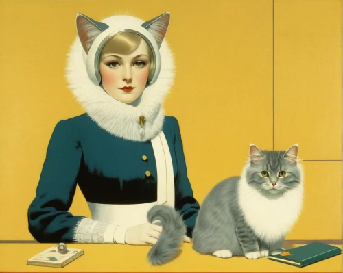 vintage cats,vintage cat,receptionist,receptionists,art deco woman,vintage illustration,stewardess,bank teller,vintage art,switchboard operator,telephone operator,white-collar worker,retro women,ann margarett-hollywood,women in technology,business women,businesswomen,civil servant,tonkinese,two cats,Illustration,Retro,Retro 15