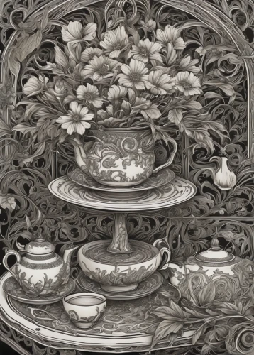 tea service,tea set,chinaware,chinese teacup,china cabinet,cup and saucer,dishware,tea cups,tureen,decorative plate,serving tray,vintage tea cup,tableware,tea cup,teacup arrangement,vintage china,tea art,serving bowl,tea party collection,coffee tea illustration,Illustration,Black and White,Black and White 01