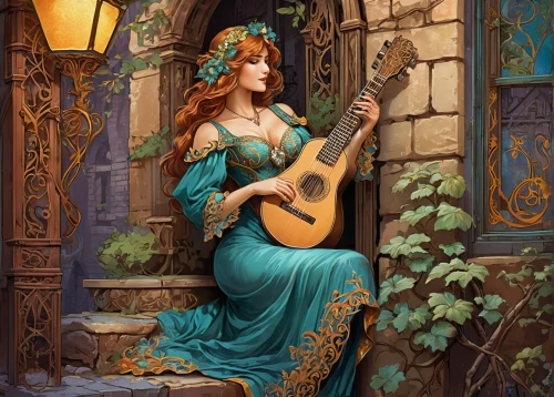 merida,serenade,celtic harp,art bard,woman playing,celtic woman,violin woman,musician,classical guitar,woman playing violin,harp player,bard,harp with flowers,violin player,celtic queen,art nouveau,harpist,fantasy portrait,guitar,fantasy art,Illustration,Retro,Retro 13