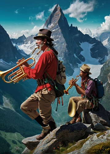 american climbing trumpet,musicians,climbing trumpet,high alps,trumpet climber,man with saxophone,mountaineers,itinerant musician,banjo player,the spirit of the mountains,bernese alps,zermatt,mountain guide,wind instruments,saxophone playing man,trumpet player,the alps,folk music,over the alps,musical background,Illustration,Realistic Fantasy,Realistic Fantasy 37
