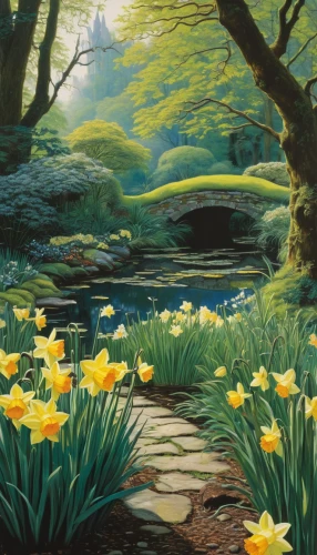 springtime background,spring background,flower painting,daffodil field,daffodils,landscape background,still life of spring,brook landscape,spring morning,meadow in pastel,mountain spring,yellow garden,yellow daffodils,cartoon video game background,narcissus,forest landscape,spring nature,jonquils,spring greeting,fairy forest,Conceptual Art,Sci-Fi,Sci-Fi 18