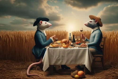 romantic dinner,dinner for two,surrealism,holy supper,anthropomorphized animals,spoon-billed,whimsical animals,adam and eve,last supper,surrealistic,soup kitchen,appetite,dinner party,photomanipulation,dining,candle light dinner,gnomes at table,conceptual photography,dinner,hunger
