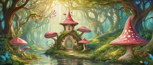 mushroom landscape,fairy village,fairy forest,mushroom island,fairy world,fairy house,fairy chimney,elven forest,scandia gnomes,toadstools,enchanted forest,fairytale forest,fantasy landscape,fairy stand,forest mushroom,druid grove,forest mushrooms,gnomes,wonderland,wishing well,Illustration,Retro,Retro 08