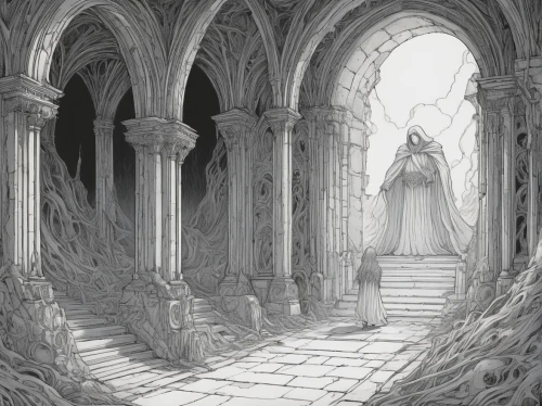 hall of the fallen,ruins,haunted cathedral,sepulchre,labyrinth,threshold,ruin,the threshold of the house,the ruins of the,ghost castle,backgrounds,pillars,castle of the corvin,cathedral,sanctuary,mausoleum ruins,holy places,monastery,concept art,detail shot,Illustration,Black and White,Black and White 13