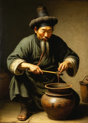 cooking pot,tinsmith,luo han guo,winemaker,tibetan bowl,pipe smoking,basket weaver,pouring tea,metalsmith,basket maker,xing yi quan,singingbowls,cookery,tibetan bowls,yunnan,potter's wheel,artisan,singing bowls,meticulous painting,singing bowl,Art,Classical Oil Painting,Classical Oil Painting 06