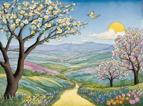 blossoming apple tree,springtime background,spring equinox,almond trees,almond blossoms,carol colman,still life of spring,almond blossom,spring background,almond tree,spring greeting,apple trees,orchards,blooming field,early spring,spring blossom,spring morning,spring meadow,springtime,flower painting,Illustration,Retro,Retro 22