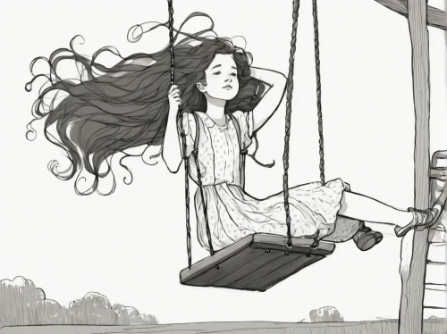 empty swing,swing,swinging,hanging swing,wooden swing,garden swing,swing set,golden swing,tree swing,little girl in wind,seesaw,playground,suspended,swings,carousel,flying girl,weightless,static trapeze,girl in a long,worried girl,Illustration,Black and White,Black and White 02