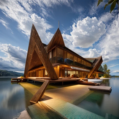 house by the water,floating huts,house with lake,over water bungalows,asian architecture,cube stilt houses,wooden house,boat house,southeast asia,wooden boat,holiday villa,stilt house,houseboat,boathouse,luxury property,indonesia,chalet,beautiful home,timber house,modern architecture
