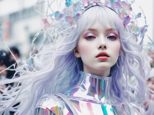 harajuku,porcelain dolls,porcelain doll,fairy queen,ice princess,violet head elf,suit of the snow maiden,silvery blue,prismatic,silvery,doll's facial features,flower fairy,ice queen,aura,white lady,ethereal,mannequin,silver blue,humanoid,artist doll,Illustration,Paper based,Paper Based 20