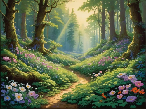 fairy forest,forest path,forest landscape,fairytale forest,forest of dreams,forest glade,forest road,enchanted forest,elven forest,forest background,holy forest,pathway,the forest,forest floor,cartoon forest,meadow and forest,the mystical path,forest,green forest,fairy world,Illustration,Retro,Retro 18