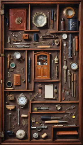 toolbox,compartments,assemblage,clockmaker,watchmaker,a drawer,cupboard,cabinet,woodwork,armoire,instruments,drawer,objects,art tools,scientific instrument,cabinetry,antiques,mechanical puzzle,antiquariat,cabinets,Unique,Design,Knolling
