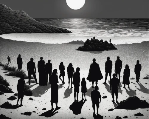 the night of kupala,the people in the sea,people on beach,dark beach,moonscape,the dead sea,dead sea,black beach,dead earth,travelers,lunar landscape,sci fiction illustration,sea night,the shallow sea,migration,people in nature,lunar phase,walpurgis night,women silhouettes,full moon day,Illustration,Black and White,Black and White 09