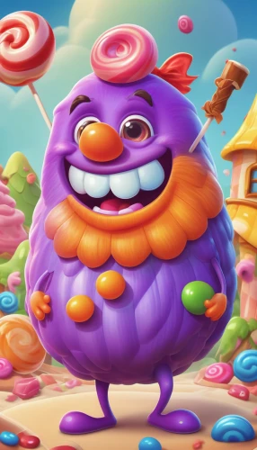 candy crush,grimace,candy cauldron,painting easter egg,cute cartoon character,bonbon,chowder,purple background,sugar lumps,april fools day background,children's background,cupcake background,game illustration,wall,purple,acai,candy,crayon background,candy boy,blob,Illustration,Realistic Fantasy,Realistic Fantasy 26