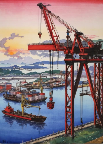 container cranes,port cranes,harbor cranes,harbor crane,shipping crane,container crane,arnold maersk,osaka port,container port,container terminal,loading cranes,arthur maersk,year of construction 1954 – 1962,the large crane,loading crane,cranes,crane vessel (floating),crane boom,oil platform,container carrier,Illustration,Japanese style,Japanese Style 12