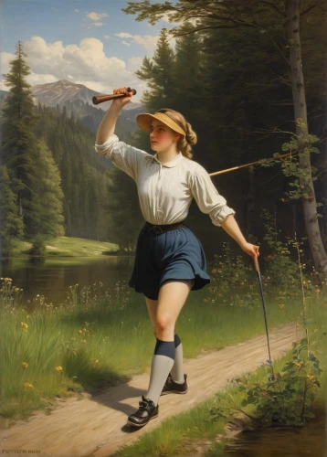 alphorn,woman playing tennis,golfer,girl picking flowers,girl with bread-and-butter,woman playing,trekking pole,little girl in wind,hiker,throwing leaves,bouguereau,woman walking,girl picking apples,girl with a wheel,girl in a long,fly fishing,quarterstaff,montgolfiade,croquet,bavarian swabia,Art,Classical Oil Painting,Classical Oil Painting 24