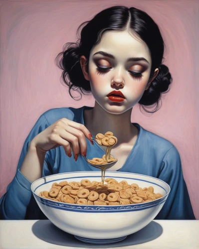 girl with cereal bowl,woman eating apple,woman holding pie,appetite,cereal,cereals,hunger,gluttony,surrealism,almond nuts,girl with bread-and-butter,cornflakes,diet icon,cloves schwindl inge,bombay mix,corn flakes,nourishment,pistachios,food icons,eat away,Conceptual Art,Daily,Daily 14