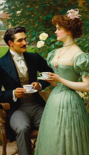 courtship,tea drinking,young couple,woman drinking coffee,crème de menthe,tea time,café au lait,vintage man and woman,man and wife,tea party,teatime,british tea,tea service,holding cup,engagement,woman holding pie,man and woman,a cup of tea,romantic portrait,as a couple,Art,Classical Oil Painting,Classical Oil Painting 15