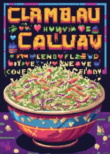 coleslaw,takeaway,jambalaya,cd cover,savoury,guava jam,celery salt,carnivorous,eat away,gumbo,chowmein,cellophane noodles,kebab,chai tow kway,chelow kabab,caviahue,green papaya salad,calamari,kawaii foods,kawaii food,Unique,Pixel,Pixel 04